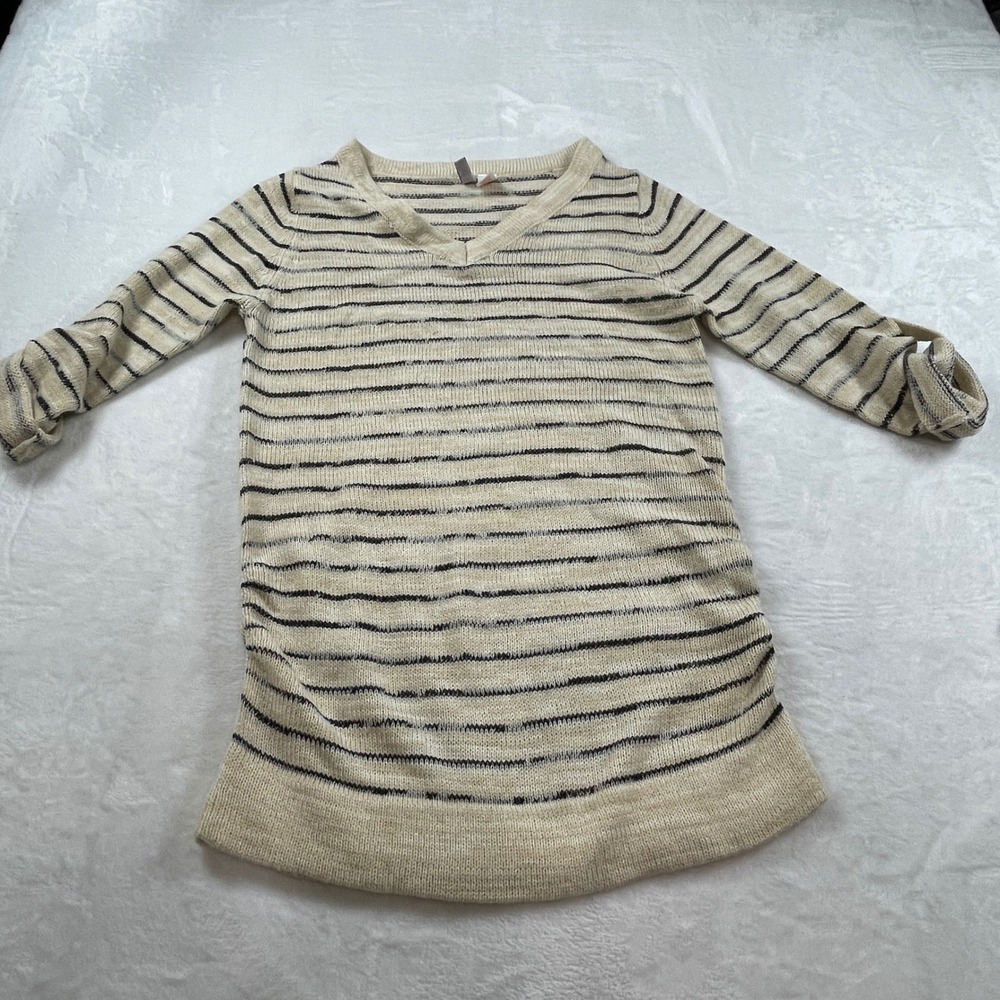 Oh! Mamma Womens Maternity Striped V-Neck Ruched Long Sleeve Sweater Cream M